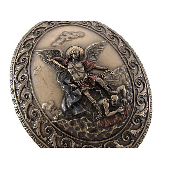 Ornate Bronze St. Michael Bas Relief Oval Trinket Box - Picture 5 of 5